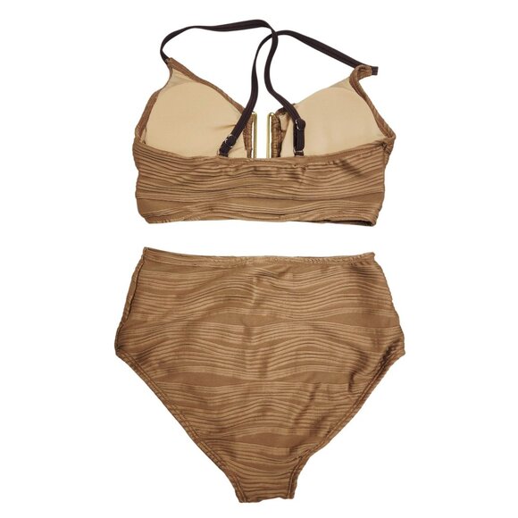 Brown High-Waisted Textured Bikini Set Strappy Back Size S - Picture 3 of 5